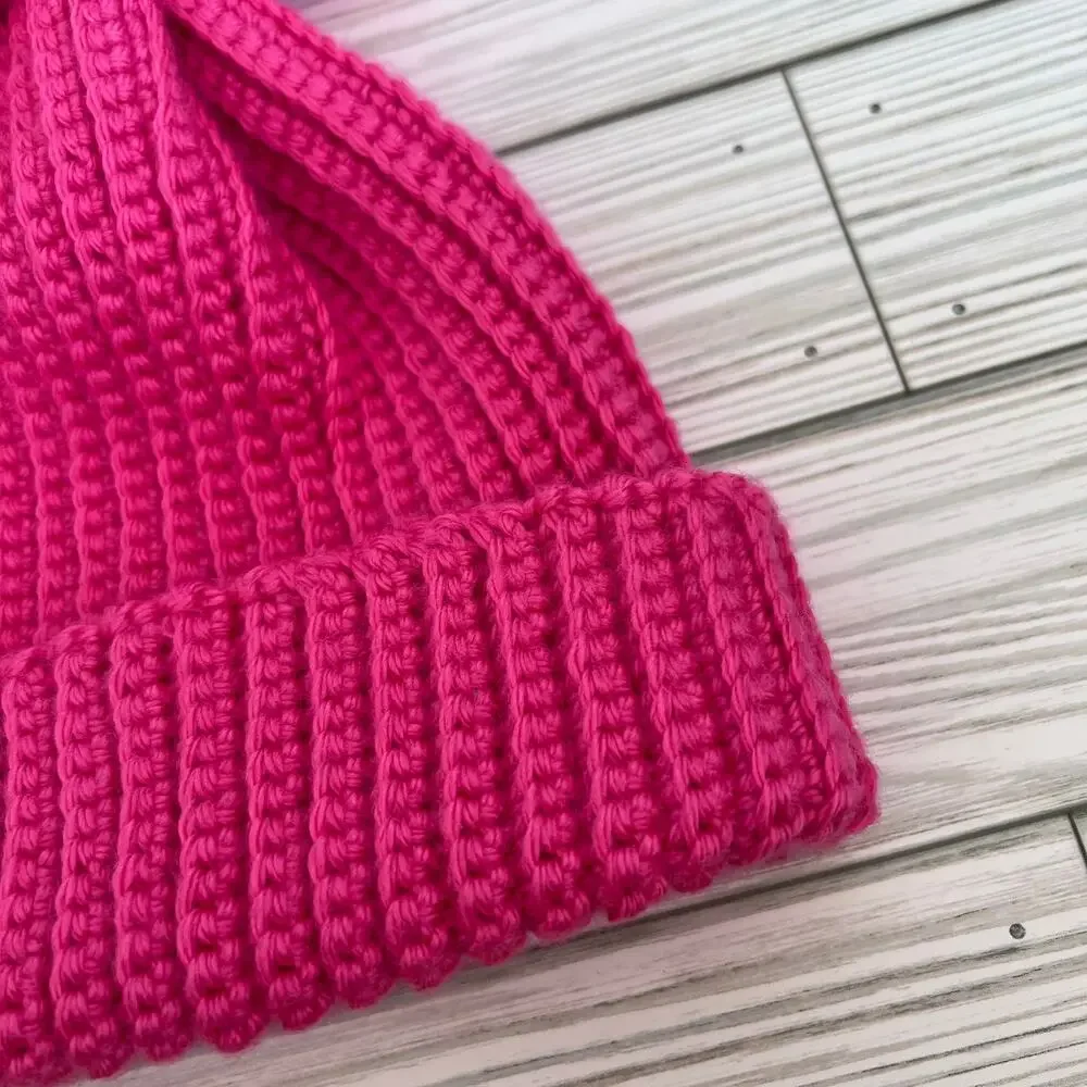 New Handmade Crochet Hot Pink Curly Pom Pom Girl's Knit Winter Hat